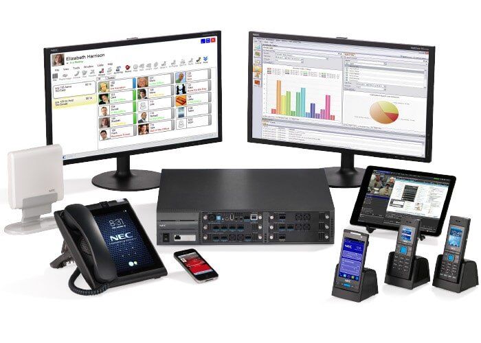 Office communication system: monitors, phone, handsets, server, and antenna.