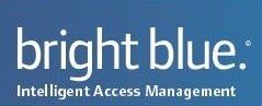 Bright blue logo with white text