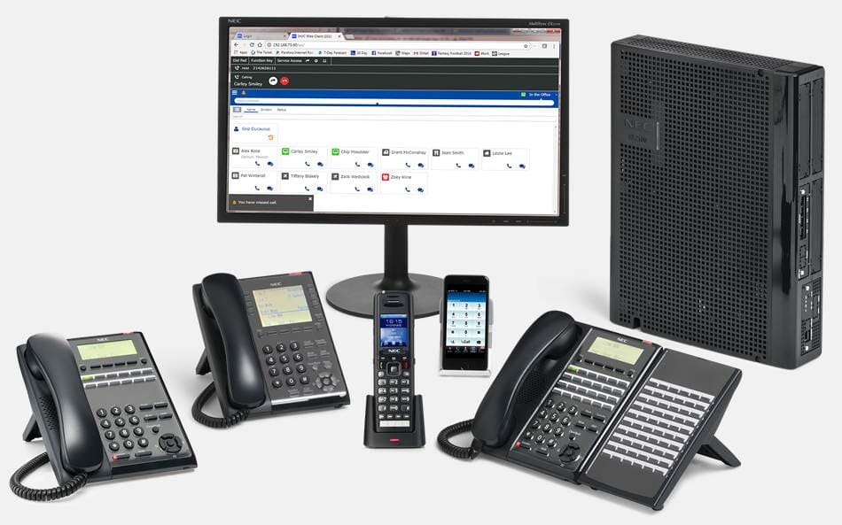 A communications system setup, including a monitor, phones, cell phone, and server, likely for business use.