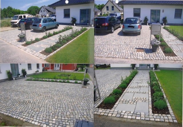 Eine Collage aus Bildern einer Einfahrt mit vor einem Haus geparkten Autos