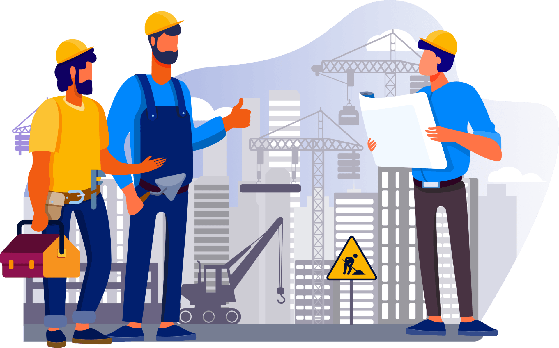 Operai edili in un cantiere: discutono di progetti e piani di costruzione, con i caschi gialli.