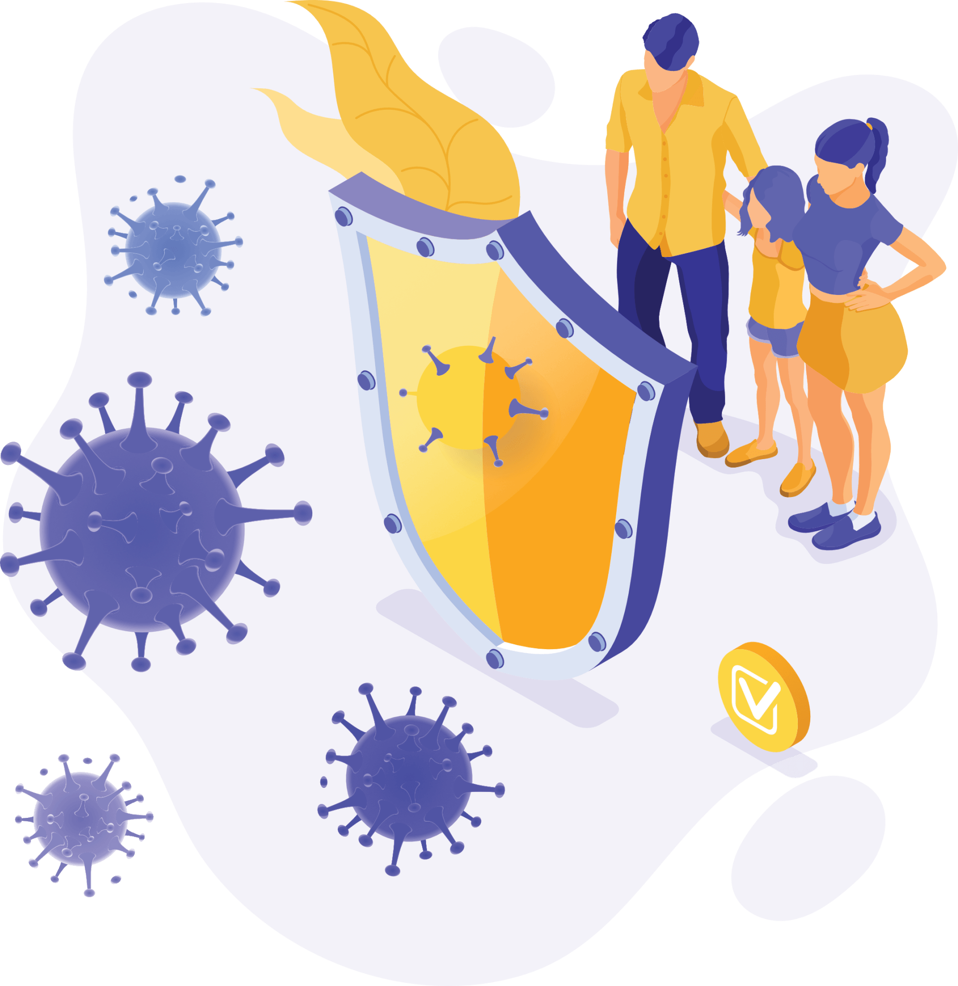 Famiglia protetta da uno scudo contro il virus.