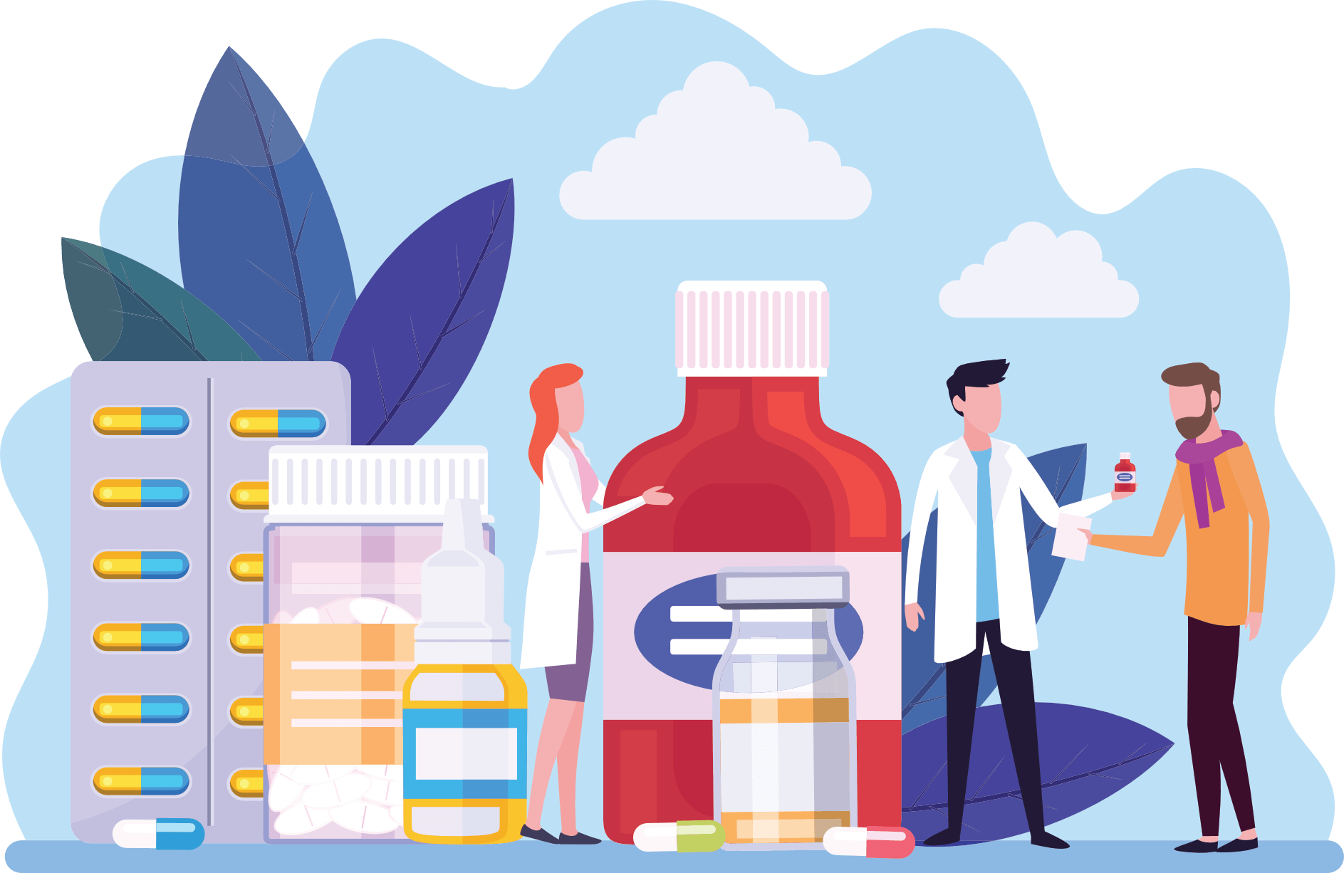 Farmacisti che somministrano farmaci a un paziente; sono esposte pillole e flaconi di medicinali.