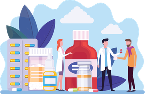Farmacisti che somministrano farmaci a un paziente; sono esposte pillole e flaconi di medicinali.