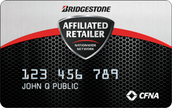Bridgestone CFNA affiliated retailer credit card with black and red design and card number 123 456 789