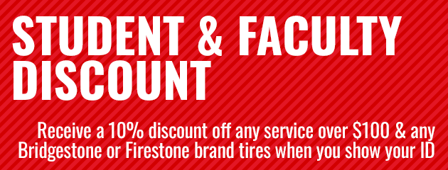 Red promo banner: Student & Faculty Discount, 10% off services over $100 and Bridgestone/Firestone tires.