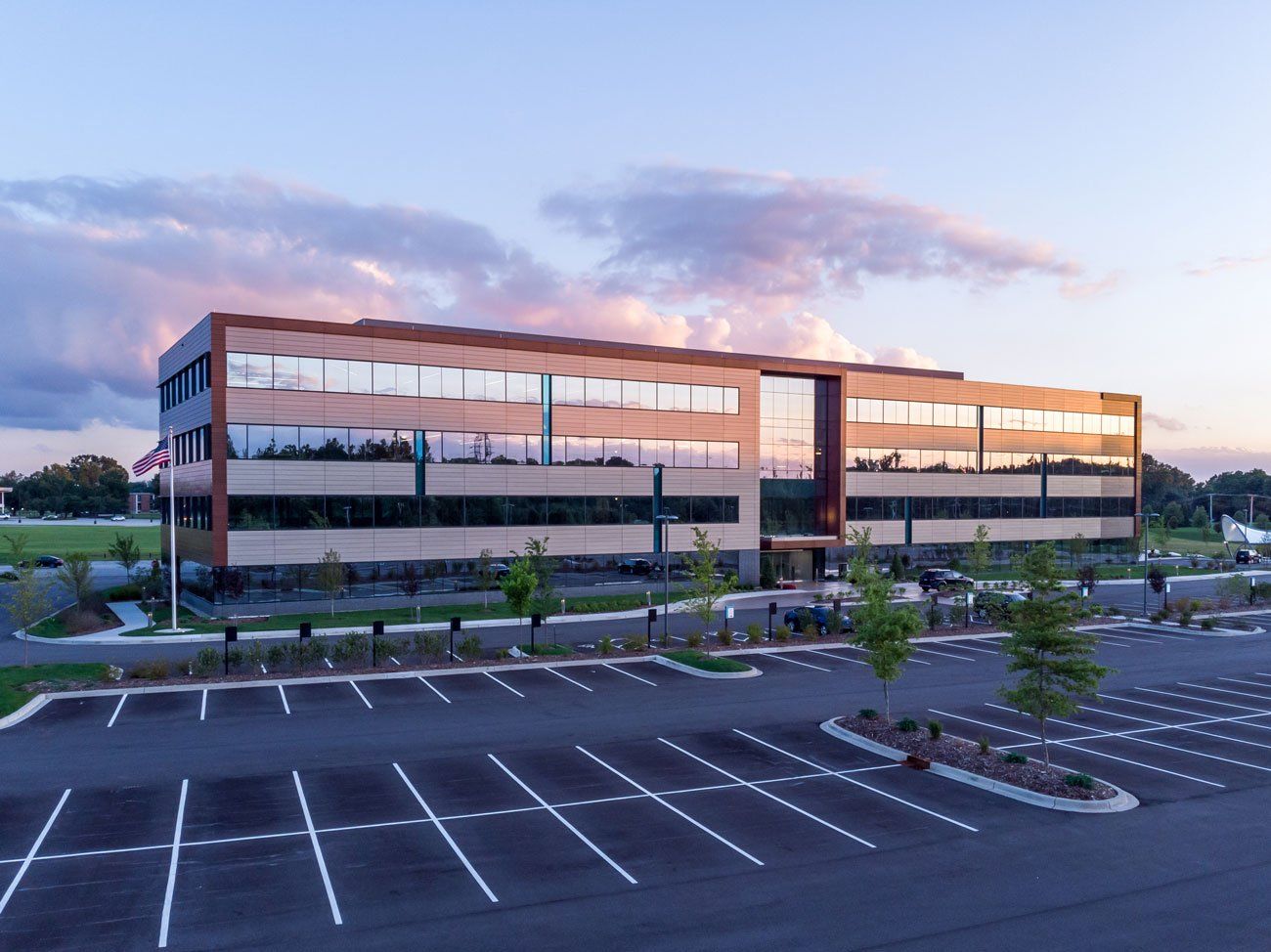 office complex standing in empty parking lot