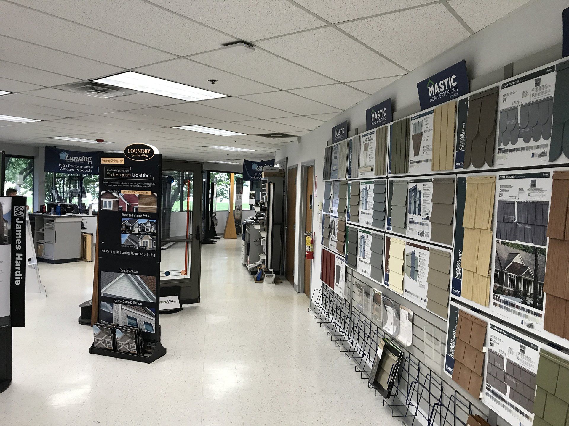A showroom filled with lots of different types of roofing materials.