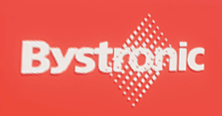 The bystronic logo is on a red background