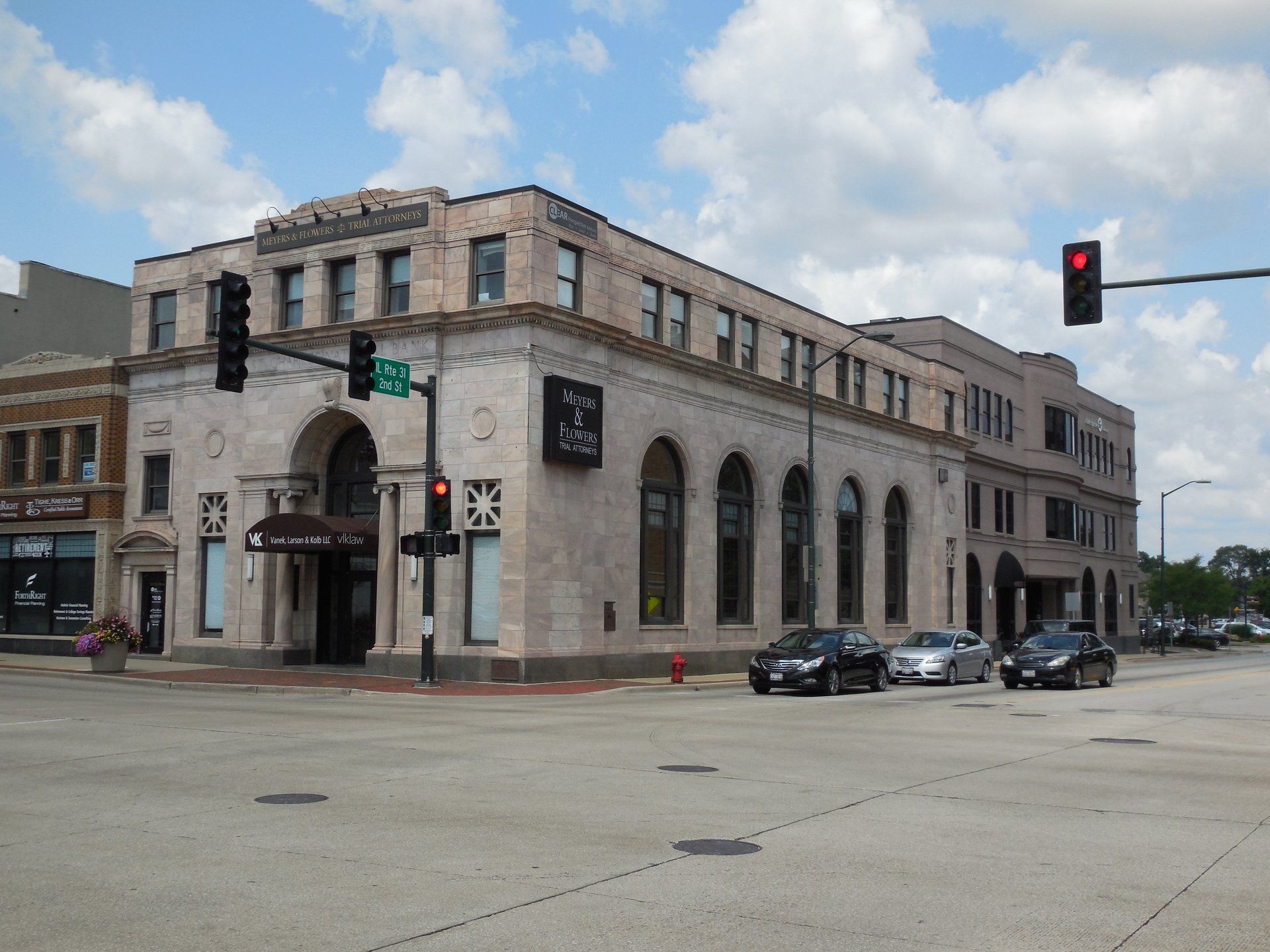 A large building with a red light in front of it