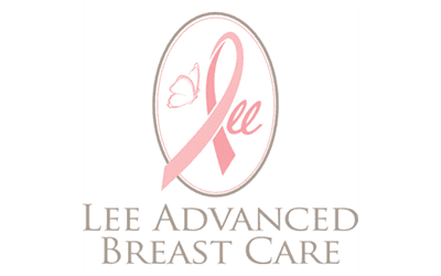 A logo for lee advanced breast care with a pink ribbon