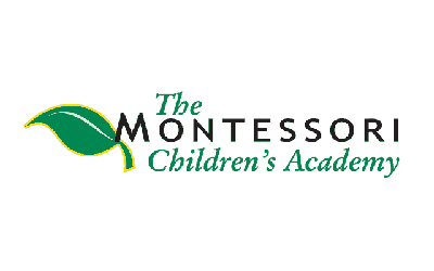 The logo for the montessori children 's academy has a green leaf on it.