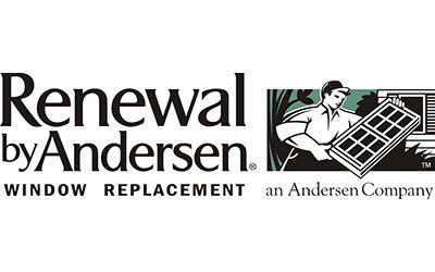 The logo for renewal by andersen window replacement shows a man holding a window.
