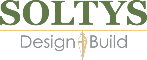 The logo for soltys design and build is green and white.