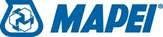 A blue and white logo for mapei on a white background.