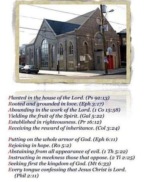 Church building with scripture references.