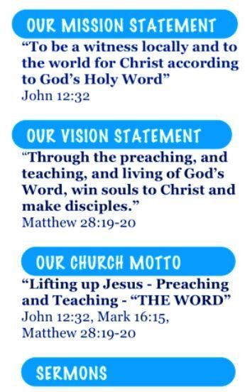 Blue text blocks with church mission, vision, and motto; text on a white background.