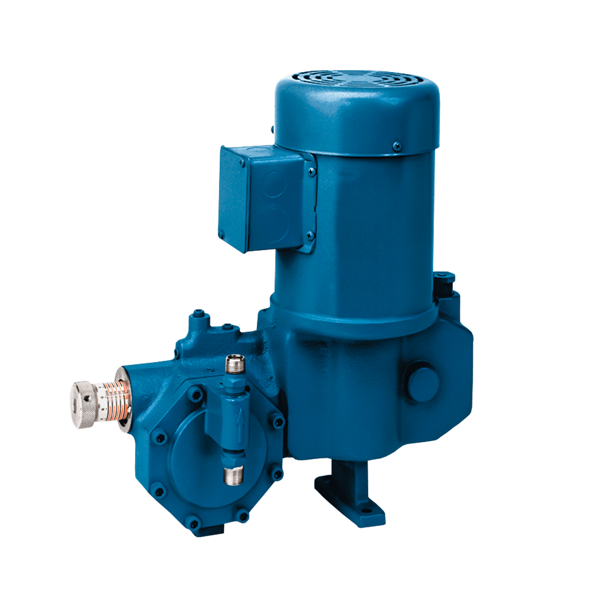 A blue pump with a motor attached to it
