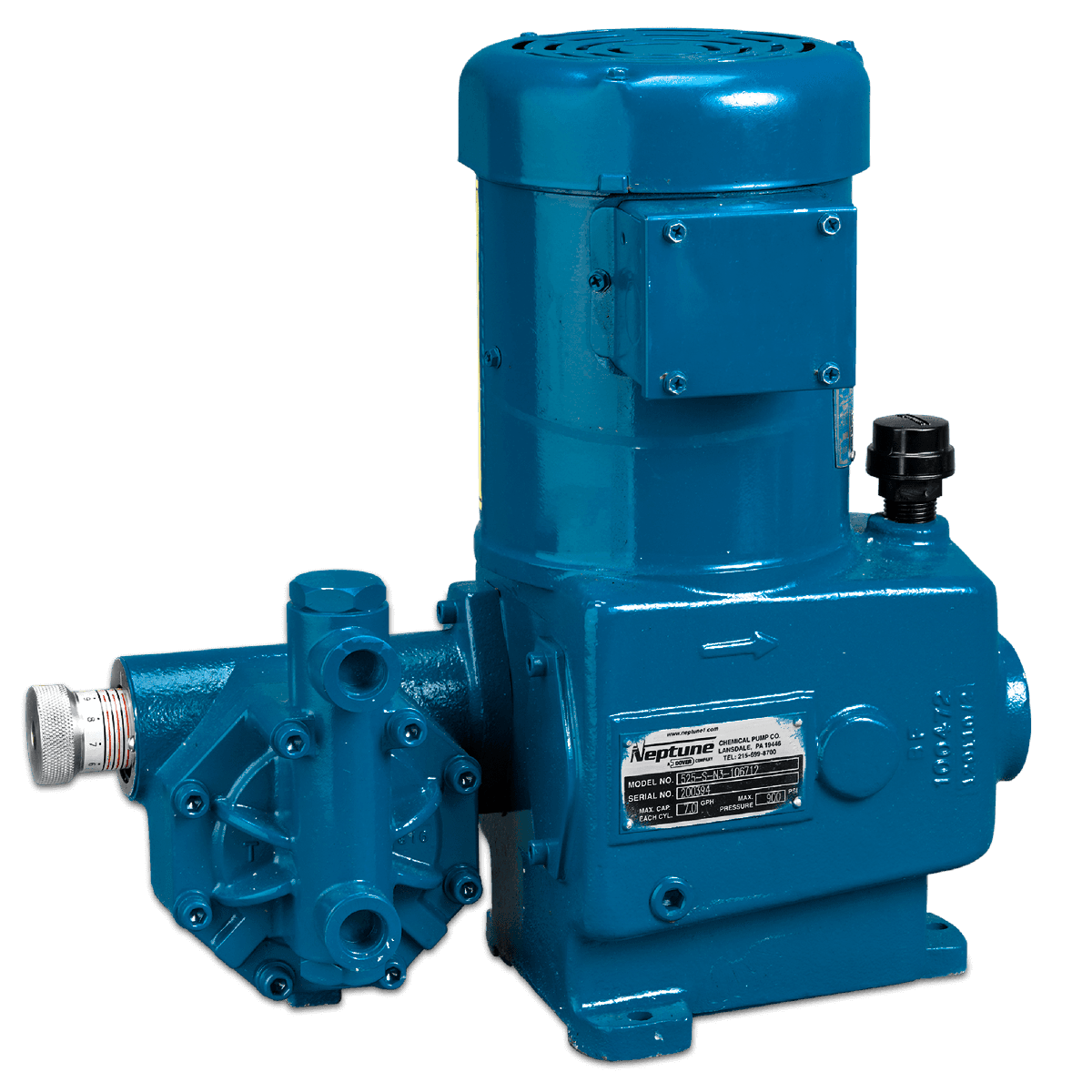 A blue pump with a motor attached to it