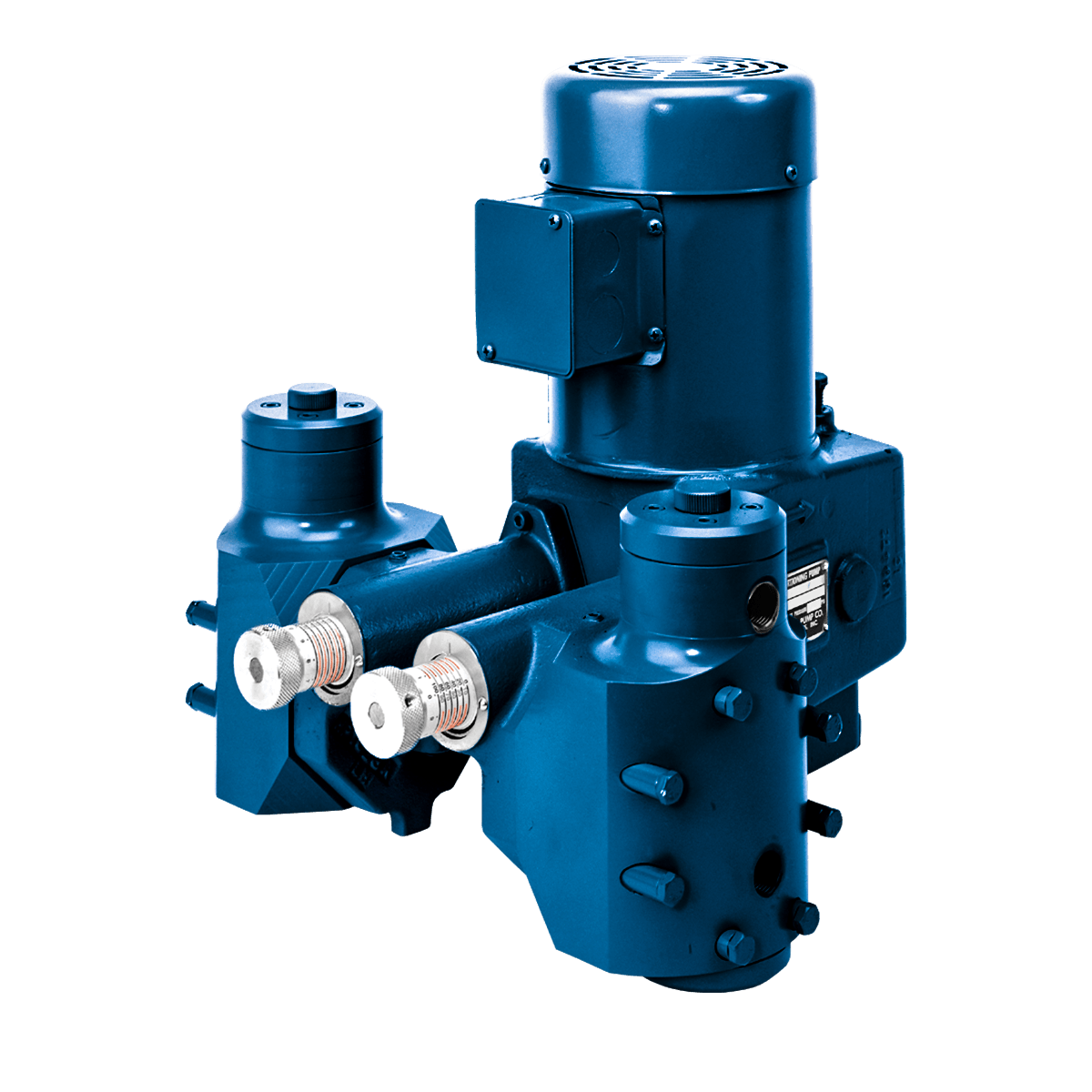A blue pump with a motor attached to it on a white background.