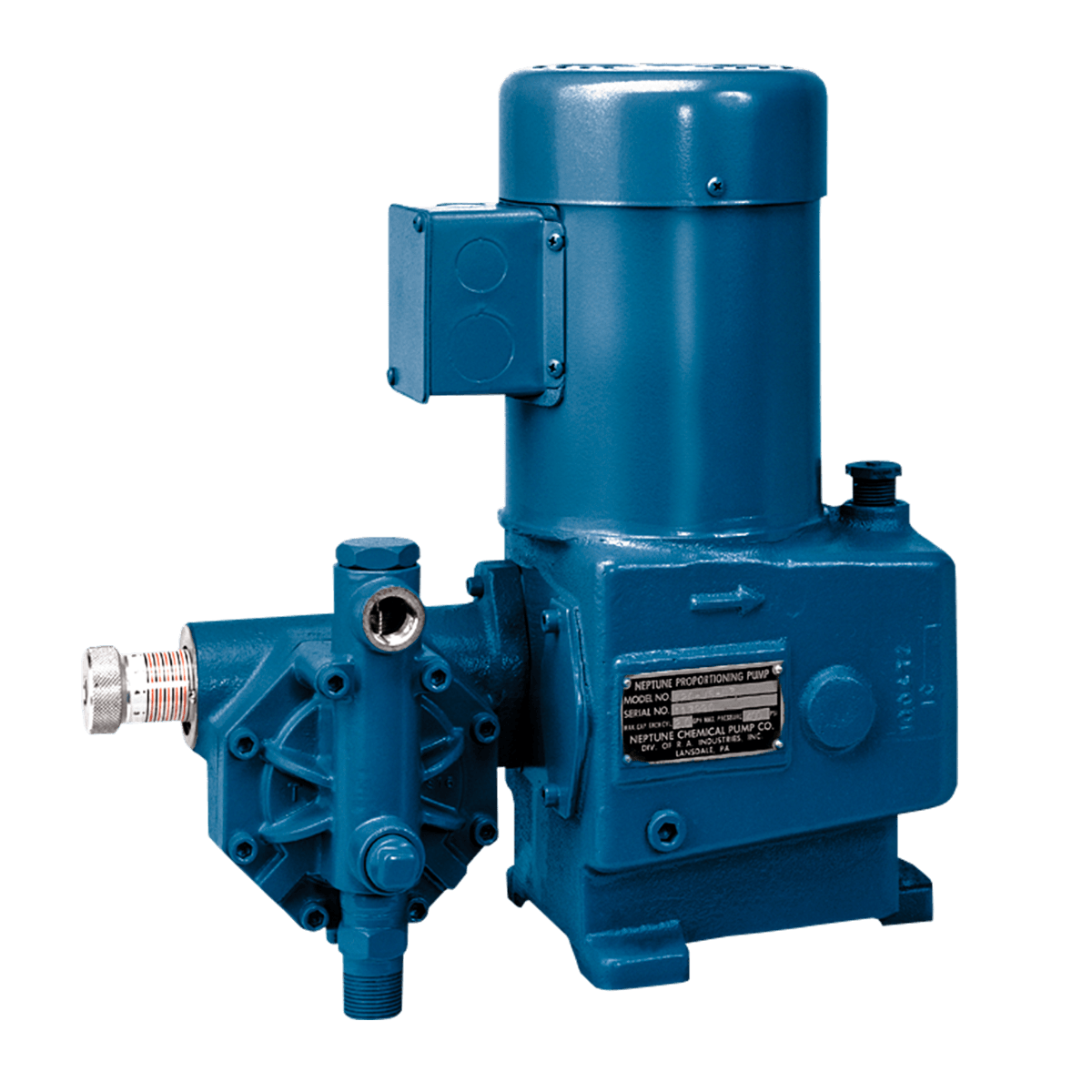 A blue pump with a motor attached to it