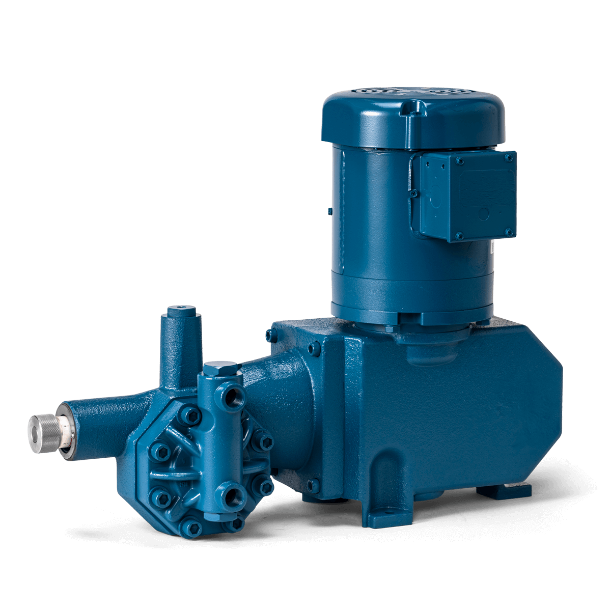 A blue pump with a motor attached to it