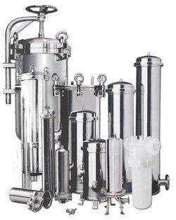 A group of stainless steel filters are sitting next to each other on a white background.