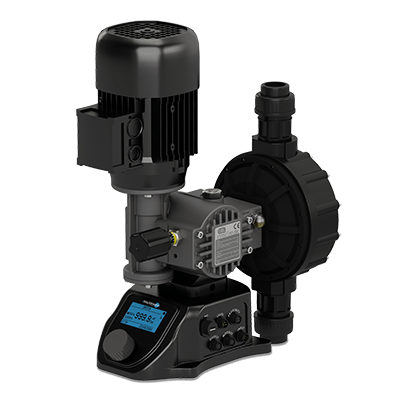 A black pump with a motor attached to it on a white background.