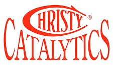 A red logo for christy catalytics on a white background