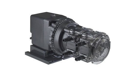 A close up of a black pump on a white background.