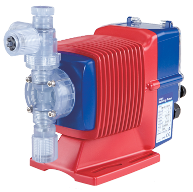 A red and blue pump with a clear hose attached to it