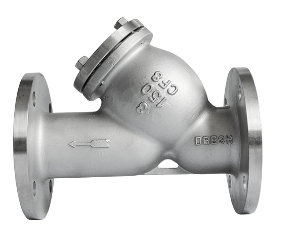 A stainless steel y strainer with a flange on a white background