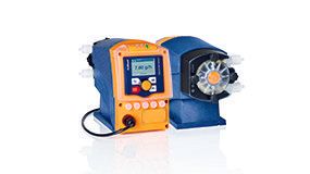 A blue and orange pump with a digital display is sitting on a white surface.