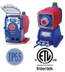 A blue and red pump is sitting next to a red and blue pump.