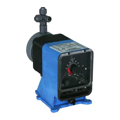 A blue and black pump with a red knob on it