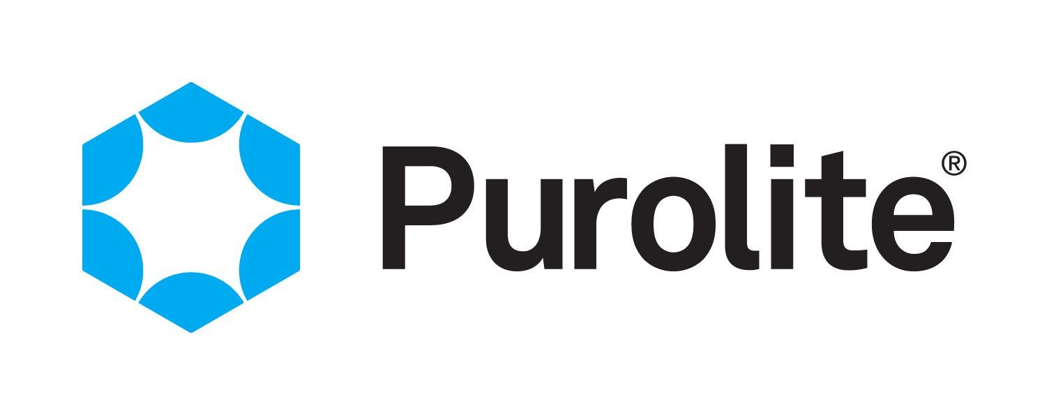 The logo for purolite is a blue hexagon with a star in the middle.