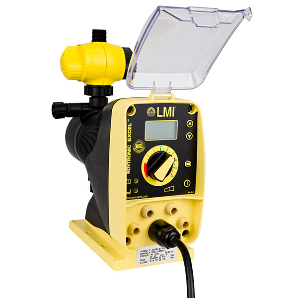 A yellow and black lmi pump with a clear cover