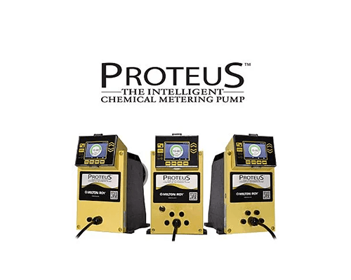 A group of three chemical metering pumps sitting next to each other on a white background.