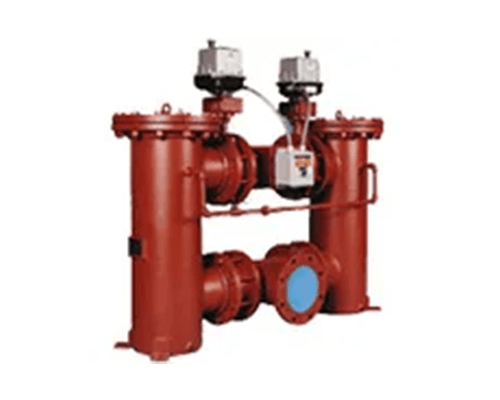 A red pipe with two valves attached to it on a white background.