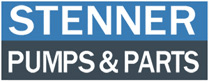 The logo for stenner pumps and parts is blue and white.