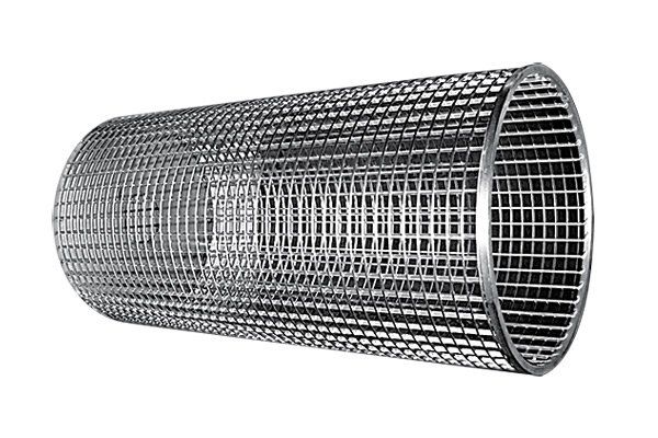 A close up of a metal filter on a white background.