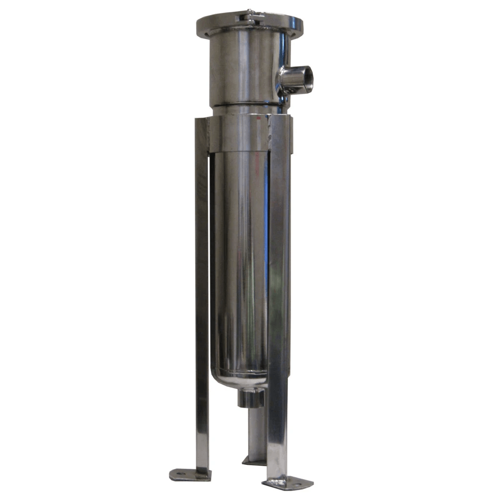 A stainless steel cylinder with a hose attached to it on a white background.