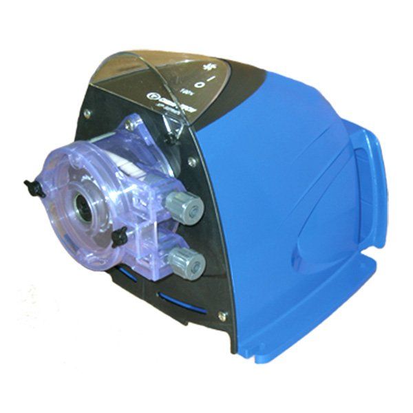 A blue and black pump with a clear hose attached to it