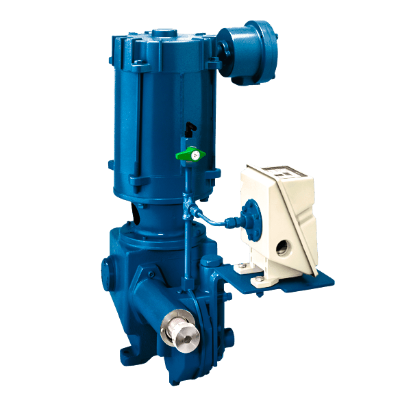 A blue pump with a white box attached to it