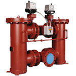 A red pipe with two valves attached to it on a white background.