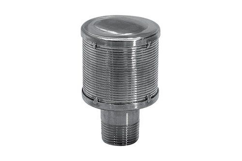 A close up of a stainless steel filter on a white background.