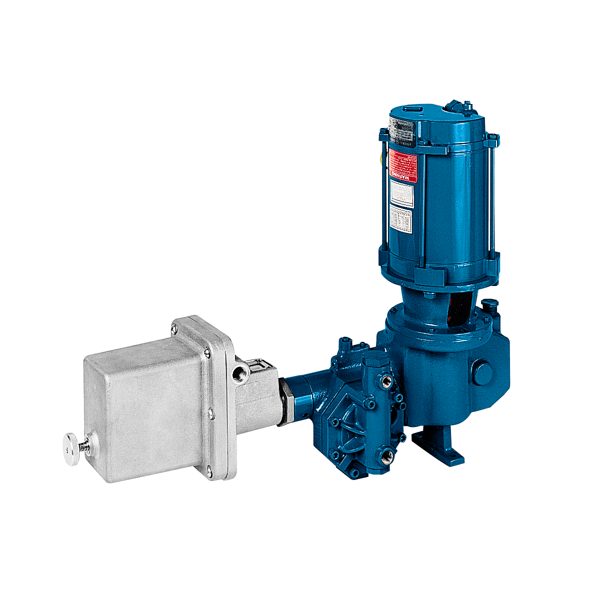 A blue pump is sitting next to a silver box on a white background.