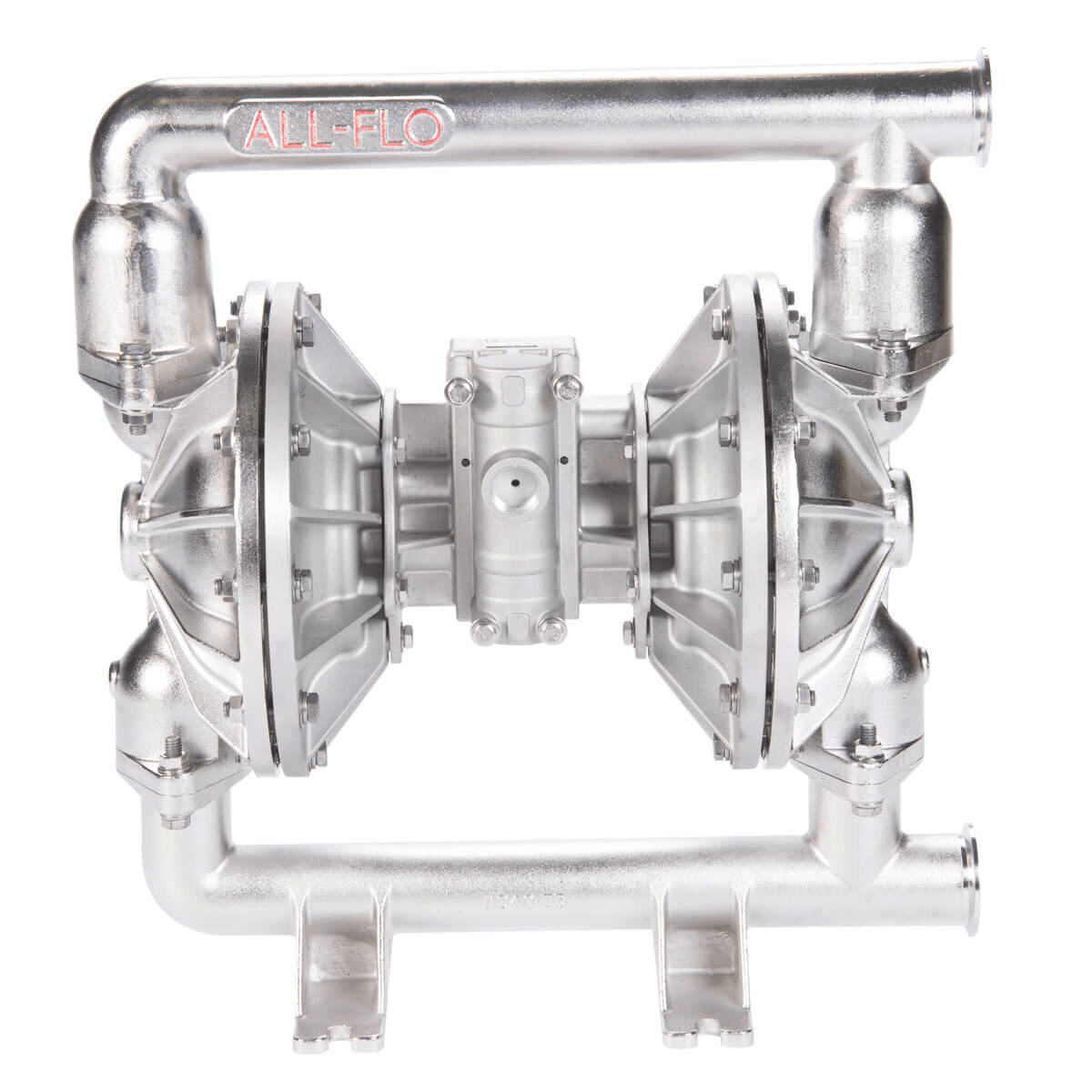 A close up of a stainless steel pump on a white background.