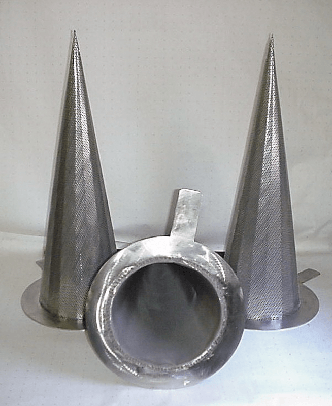 Three metal cones are sitting next to each other on a white surface