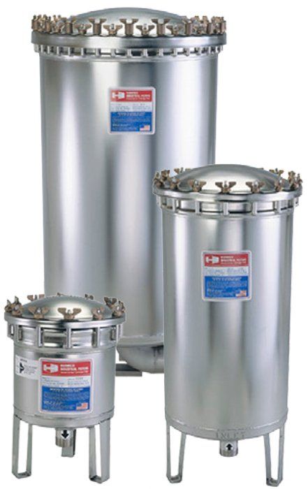 Three stainless steel tanks are sitting next to each other on a white background.